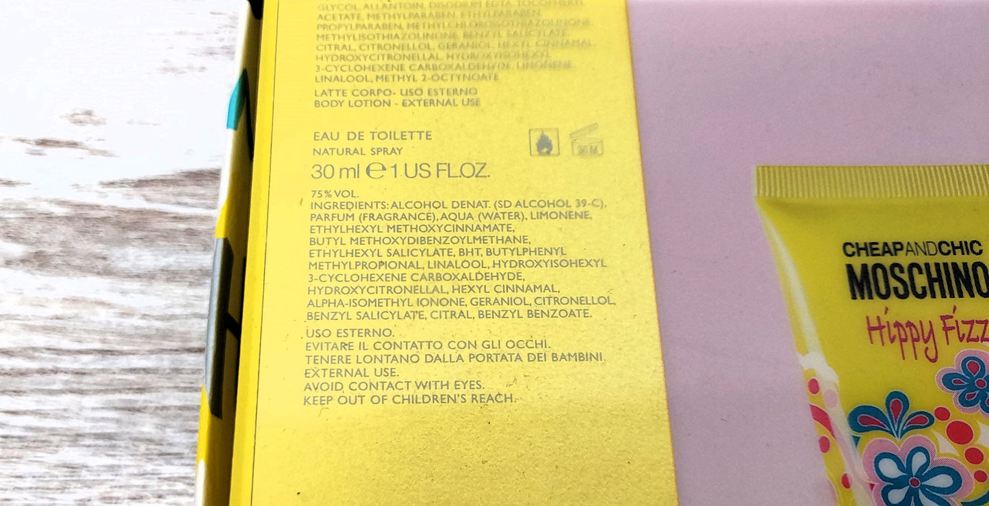 Hippy Fizz Moschino EDT (eau de toilette) 30ml + Body Lotion 50ml. Discontinued.