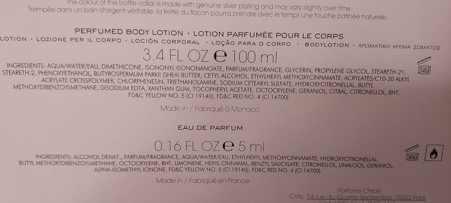 Chloe eau de parfum 75 ml + Body Lotion 100 ml + eau de parfum 5 ml. Batch from 2021.