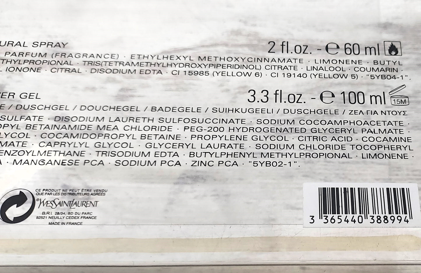 L'Homme Yves Saint Laurent EDT 60ml + Gel 100ml. Batch Code: 9GAA. Formula 2009.