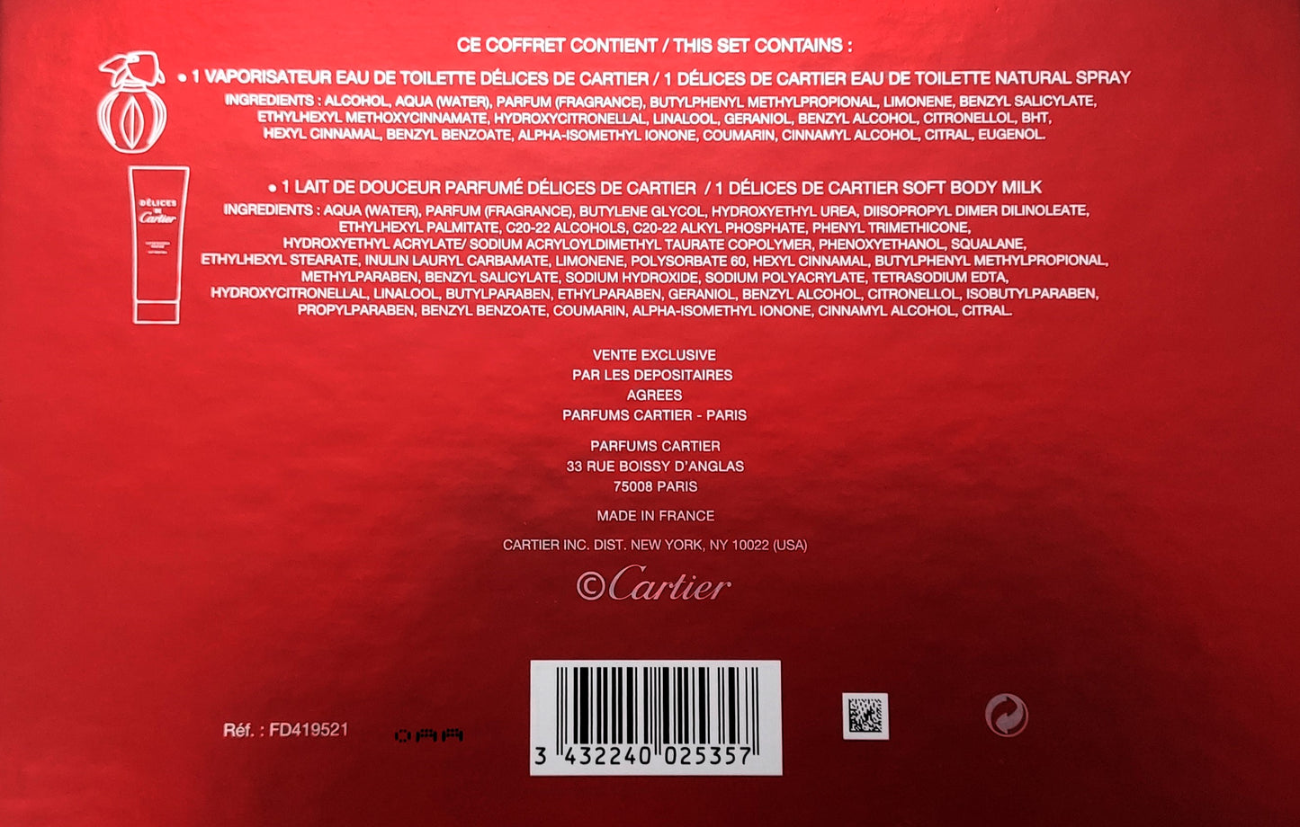 Delices de Cartier EDT (eau de toilette) 50ml + Body Lotion 100ml. Discontinued.