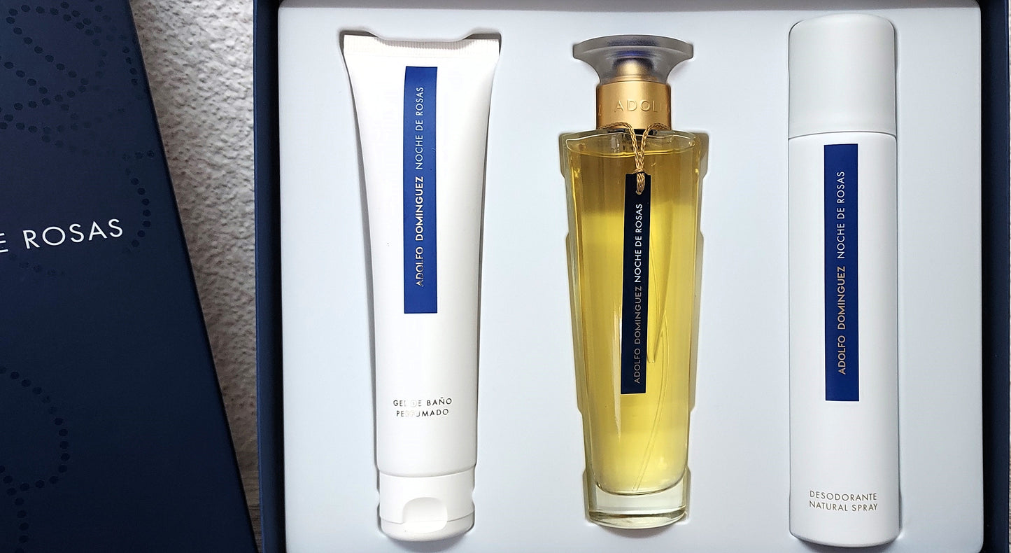 Noche de Rosas Adolfo Dominguez EDT 100ml + Gel 100ml + Deo 150ml. Vintage.