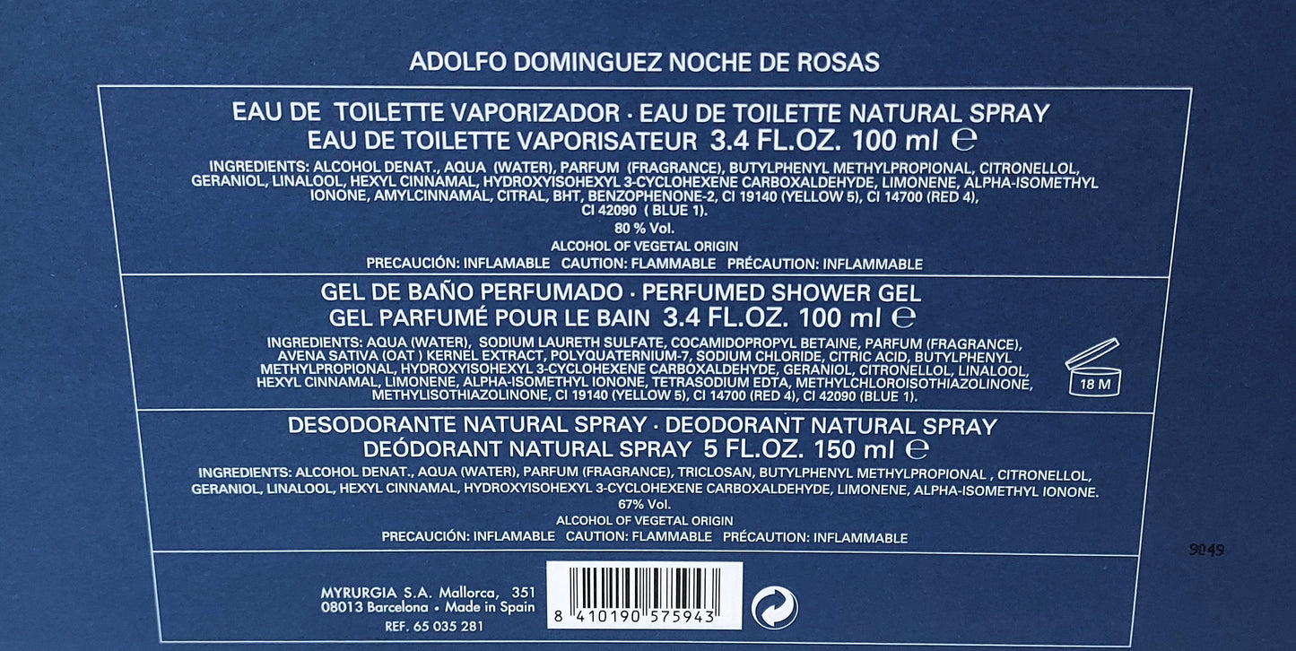 Noche de Rosas Adolfo Dominguez EDT 100ml + Gel 100ml + Deo 150ml. Vintage.